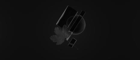 3D-Rendering abstrakter dunkler Hintergrund, Zylinder und ein Ball in einem schwarzen Loch, das schwebt und in der Luft fliegt. horizontaler eleganter Website-Header.