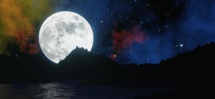 Der große Mond scheint hinter dem Meer und den Bergen mit Sternen und bunten Wolken im Hintergrund. 3D-Rendering.