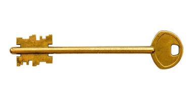 alter goldener doppelseitiger türschlüssel lokalisiert auf weiß foto