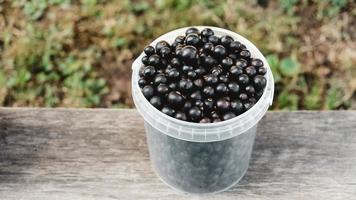 Schwarze Johannisbeere in einem Plastikeimer auf einem Holzregal foto