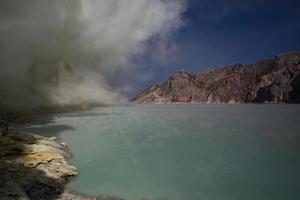 Schwefelmine im Krater des Vulkans Ijen, Ost-Java, Indonesien foto