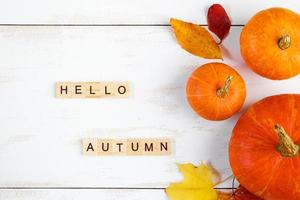 hallo Herbst. Reife Kürbisse und gefallene gelbe Blätter auf weißem Hintergrund. halloween- und erntedanksymbol. foto