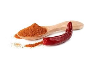 roter gemahlener Paprika in Pulverform oder trockener Chili-Pfeffer mit Holzlöffel isoliert auf weißem Hintergrund foto