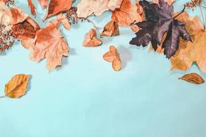 Herbstkomposition. herbstlaub auf hellblauem pastellhintergrund. flache Lage, Kopierraum von oben. foto