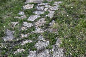 ein Steinweg im Park und eine Granittreppe mit Stufen. Steinstufen im Garten. foto