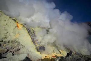 Schwefelmine im Krater des Vulkans Ijen, Ost-Java, Indonesien foto