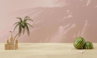 abstraktes minimales hintergrundsommerkonzept mit schlosssandkokosnussbaumwassermelone auf rosa wand. 3D-Rendering foto