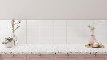 Minimaler Thekenmodellhintergrund im modernen Stil mit weißer Granitwand und rosa Theke. Kücheninnenraum. foto