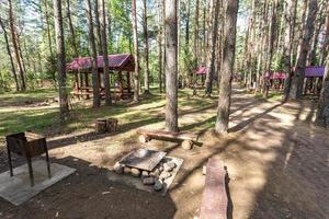 hölzerne Campinglauben mit allem Komfort in einem Kiefernwald foto