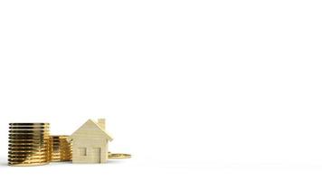 Holzspielzeughaus und Goldmünze 3D-Rendering auf weißem Hintergrund für Eigentumsinhalte. foto