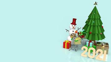 der schneemann und einkaufswagen für weihnachts- und neujahrsferieninhalte 3d-rendering foto
