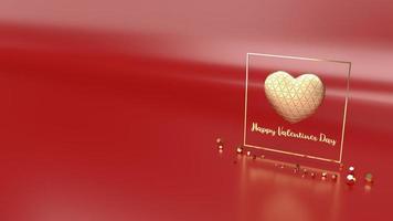 Goldherz und Goldrahmen auf glänzendem rotem Hintergrund 3D-Rendering für Valentinstagsinhalte. foto