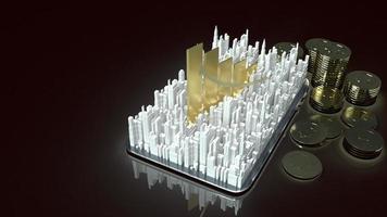 gebäudestadt und diagrammpfeil nach oben auf dem tablet für 3d-rendering von immobilieninhalten. foto