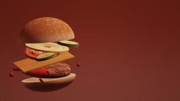 3D-Hamburger auf rotem Hintergrund für Lebensmittelinhalte. foto