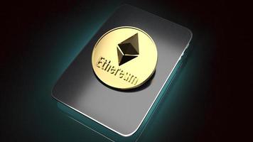 die ethereum-münzen auf dem tablet für 3d-rendering von geschäftsinhalten. foto