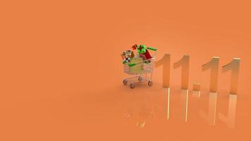 Warenkorb und Goldtext 11.11 für 3D-Rendering von Einkaufsinhalten. foto