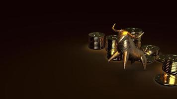 bull gold und goldmünzen 3d-rendering in dunklem ton für geschäftliche inhalte. foto