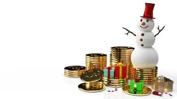 schneemann und goldmünzen für geschäfte in weihnachten oder neujahr 3d-rendering foto