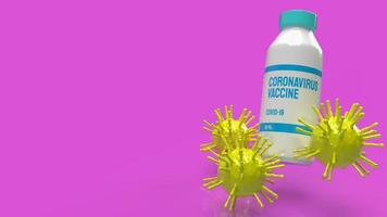 Das gelbe Virus und der Impfstoff auf rosafarbenem Hintergrund für die 3D-Darstellung von Ausbruchsinhalten foto