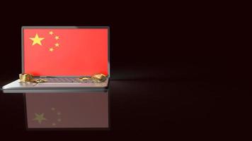 Notebook-Bildschirm China-Flagge und Goldmünzen 3D-Rendering für China-Währung foto