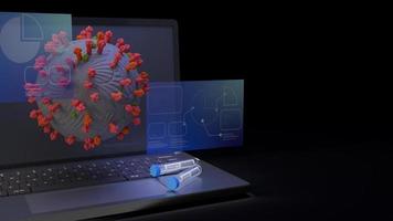 corona-virus und wissenschaftsröhre auf notebook 3d-rendering für medizinische inhalte. foto