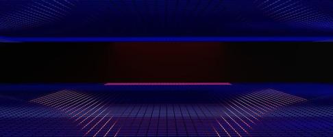 Mesh-Cyberspace mit Neonbeleuchtungshintergrund. digitales doppelgitter mit lila 3d-renderverlauf und virtuellem glühen. futuristische Webverbindung im Online-Raum foto