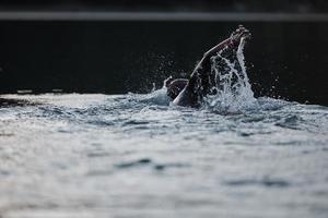 Triathlon-Athlet, der bei Sonnenaufgang auf dem See schwimmt und einen Neoprenanzug trägt foto