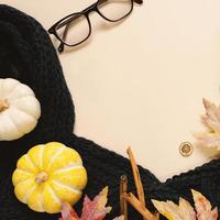 Flatl-Lay-Stil von Herbst und Thanksgiving mit Kürbis, Brille, Schal und Ahornblatt, Kopierraum foto