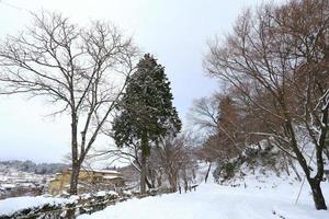 Blick auf die Stadt Takayama in Japan im Schnee foto