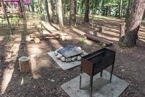 hölzerne Campinglauben mit allem Komfort in einem Kiefernwald foto