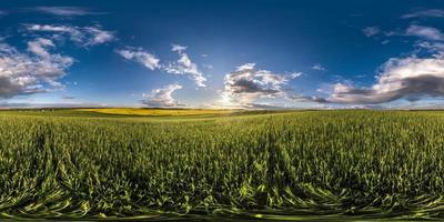 Vollständiges, nahtloses sphärisches HDRI-Panorama 360-Grad-Winkelansicht zwischen Feldern am Frühlingsabend mit fantastischen Wolken vor Sonnenuntergang in equirectangularer Projektion, für VR-AR-Virtual-Reality-Inhalte foto