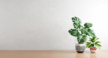 Grünpflanzen im Zimmerpflanzentopf mit weißem, leerem Wandhintergrund. Innenarchitektur und natürliches Konzept. 3D-Darstellungswiedergabe foto