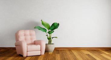 Rosafarbenes Sofa auf leerer weißer Wand mit Holzparkettboden im Wohnzimmerhintergrund. Architektur und Interieur. 3D-Darstellungswiedergabe