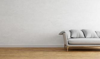 Weiße leere Wand mit grauem Sofa aus Holz und Textil. hintergrundkonzept für innenraum und architektur. 3D-Darstellungswiedergabe foto