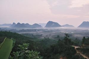 panoramalandschaft des ruhigen tropischen naturlandschaftshintergrundes im nebel, blick auf den grünen wald in einer bergkette, in der morgendämmerung mit sonnenaufgang, schöne außenumgebung, asien reiseziel. foto