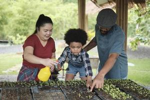 Die afroamerikanische Bauernfamilie bringt ihrem Sohn bei, Setzlinge in Gemüsegarten-Gärtnereien zu pflanzen, um Naturökologie zu lernen, Bio-Gärtner-Hobby, glücklich zusammen mit der Landwirtschaft in der Kindheit. foto