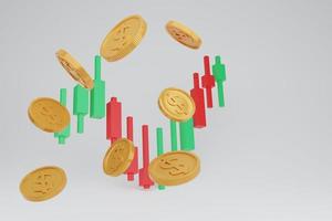 online-handelsdiagramme für finanzen mit fliegenden münzen geld, investitionsbörsen, kerzendiagramm, isolierter hintergrund, pastellkonzept. 3d-rendering-illustration. foto