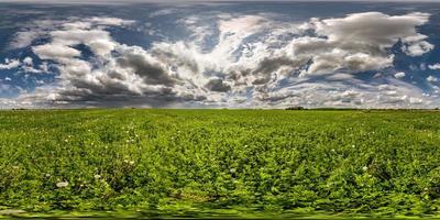 Vollständiges nahtloses sphärisches HDRI-Panorama 360-Grad-Winkelansicht zwischen den Feldern am Frühlingstag mit fantastischen Wolken vor dem Sturm in equirectangularer Projektion, bereit für VR-AR-Virtual-Reality-Inhalte foto