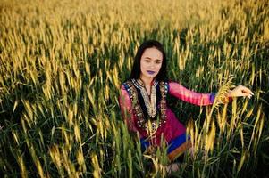 zartes indisches mädchen im saree, mit violetten lippen, die bei sonnenuntergang auf dem feld posierten. modisches Indien-Modell. foto