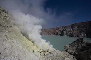 Schwefelmine im Krater des Vulkans Ijen, Ost-Java, Indonesien foto