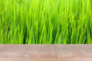 braune Holztischplatte auf bokeh abstraktem grünem Naturhintergrund - kann für die Montage oder Präsentation Ihrer Produkte verwendet werden foto
