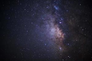 Nahaufnahme der Milchstraße mit Sternen und Weltraumstaub im Universum, Foto mit langer Belichtungszeit, mit Korn.