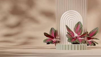 3D-Rendering Mock-up-Podium in Grün und Mandel in Landschaft mit Bogendekor und rotem chinesischem Evergreen foto