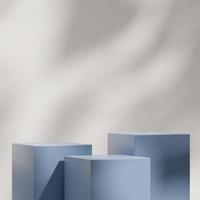 Minimale 3D-Darstellung des blauen Podiums im Quadrat mit Sonnenschatten im weißen Wandhintergrund foto