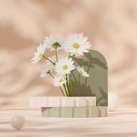 3D-Rendering-Mockup-Vorlage grünes und weißes Podium im Quadrat mit Gänseblümchenblume, Schatten und Kugel foto