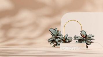 3D-Rendering-Mockup-Vorlage Weiß und Terrazzo-Podium in Landschaft mit Calathea-Pflanze und Goldbogen foto