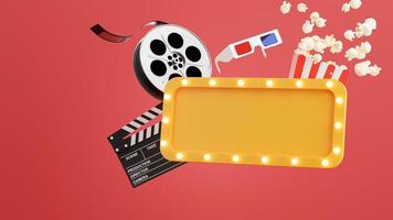 3D-Darstellung von Kinoplakaten, Popcorn, Filmstreifen, Klöppel, Eintrittskarten, 3D-Brille foto