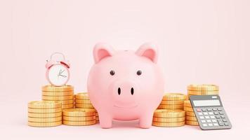3D-Darstellung von rosafarbenem Sparschwein mit Goldmünzen, die zum Sparen von Geld gestapelt werden foto