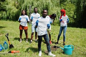 eine gruppe glücklicher afrikanischer freiwilliger hält ein leeres brett mit einem freiwilligen schild im park. afrika-freiwilligenarbeit, wohltätigkeit, menschen und ökologiekonzept. foto