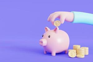 Hand, die Münze in ein Sparschwein steckt. zum sparen von geldvermögen und finanzen und anfangssparkonzept, kopierraum, 3d-illustration foto